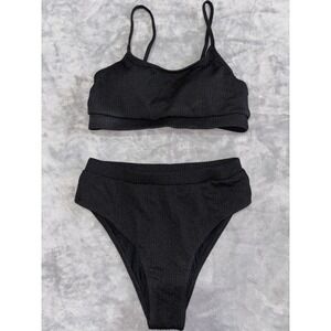 Women Ribbed Swimsuit Bikini Set Medium Black Stretch High Waisted Strappy Strap